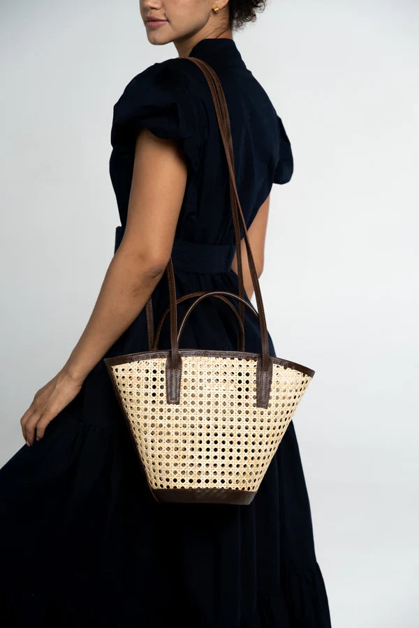 Alma Mini Rattan Basket in Dark Chocolate Leather