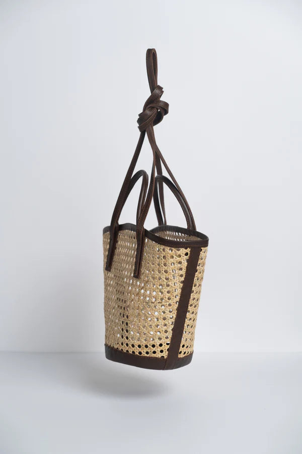 Alma Mini Rattan Basket in Dark Chocolate Leather