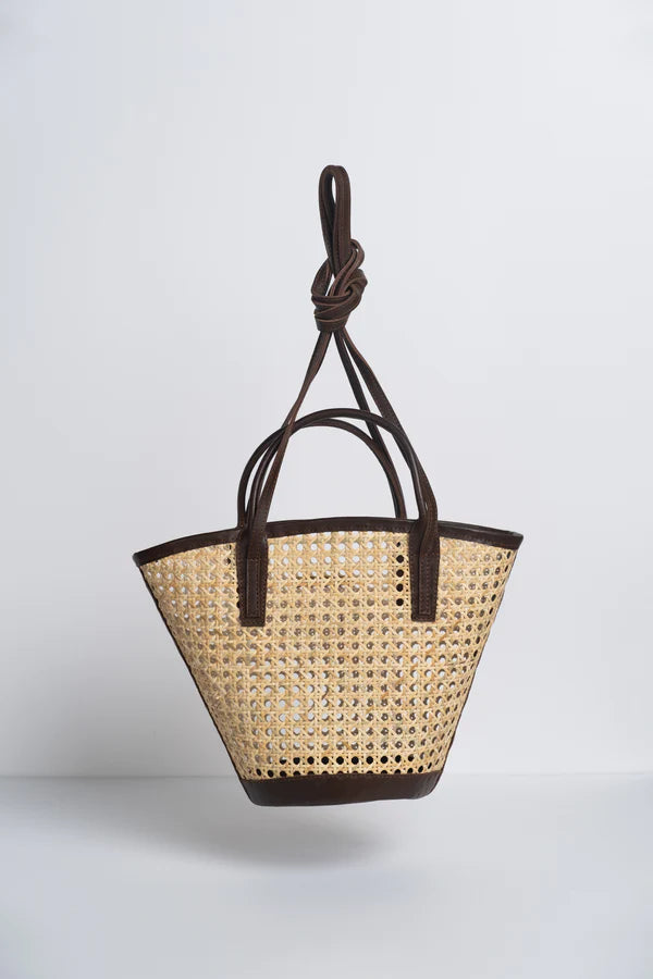 Alma Mini Rattan Basket in Dark Chocolate Leather